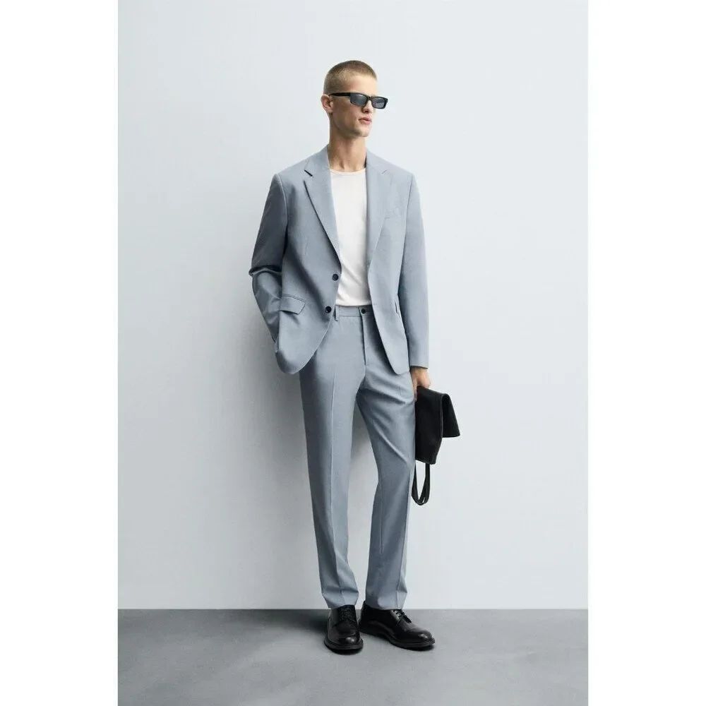 Zara Mens Suit Jacket Blazer EU 48 US 38 Sky Blue Button Slim Fit 4425/254 NWT